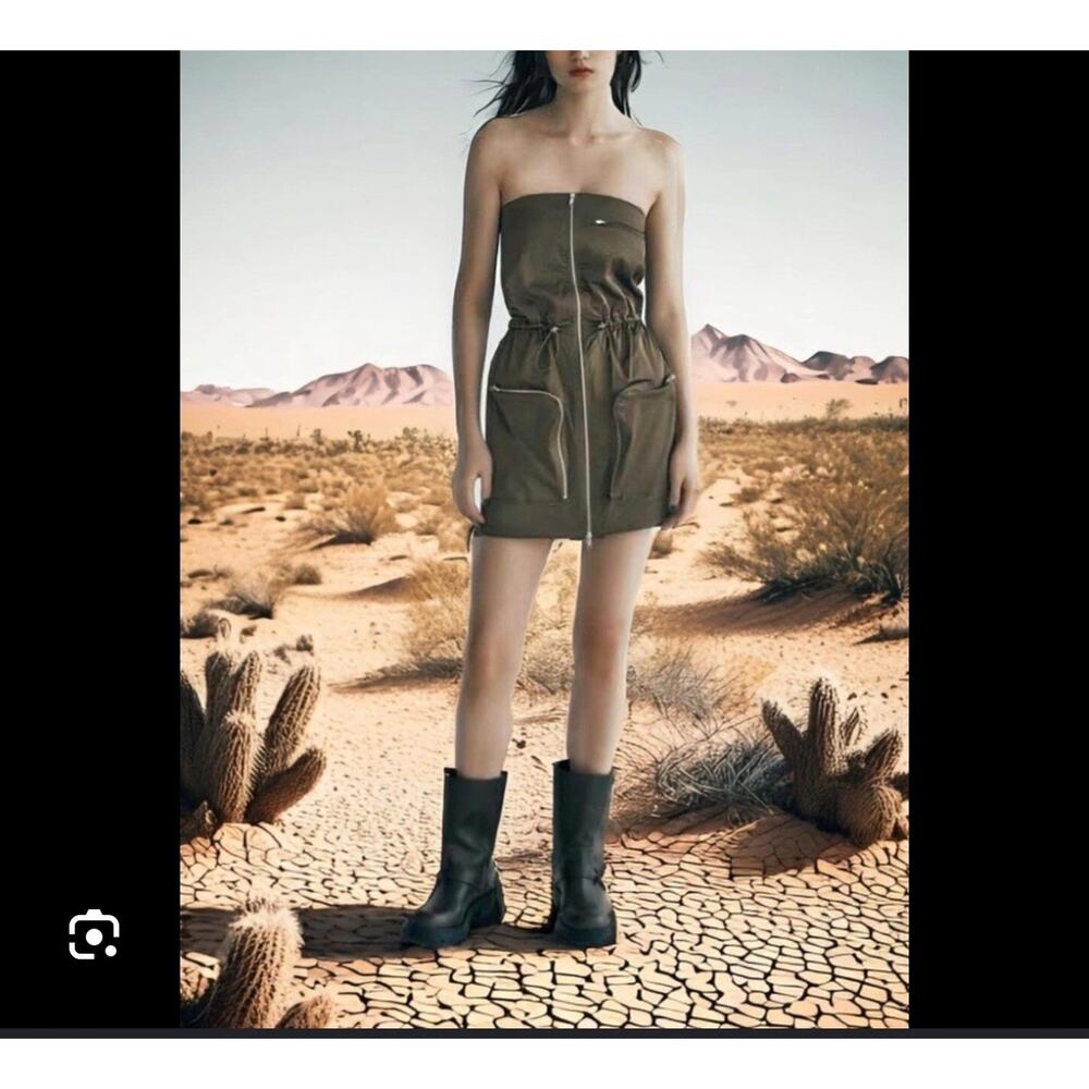 NWT Zara Size S Dark Khaki Strapless Dress Brand New With Tag - Picture 2 of 8
